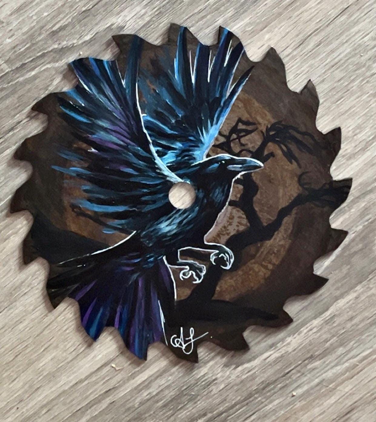 circular saw blade Hand painted raven